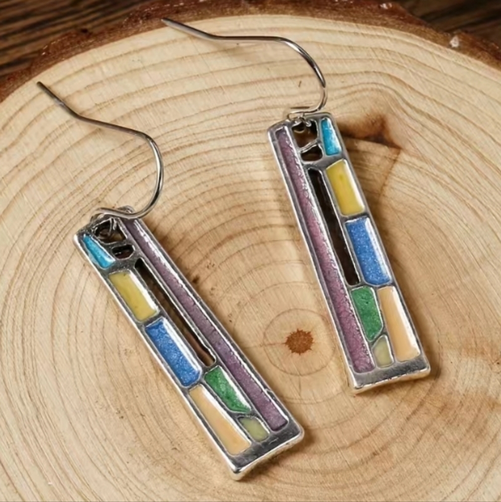 New colourful rectangle dangle earrings surrounded by silver sides and back